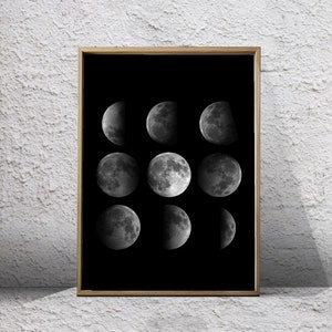 Moon Phases Art Print Lunar Phase Constellations Night Sky Printable Poster Black and White Wall Art Digital Download Scandinavian Poster
