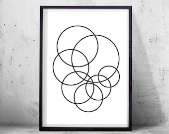 Geometric art print Abstract Circles Art, Minimalist Poster Black and White Wall art Scandinavian art Large Printable Monochrome Home Decor