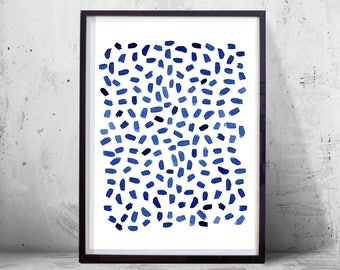 Abstrakte Aquarell Malerei Druck blau Punkte Striche Pinselstriche Malstriche minimalistische Kunst Indigo blau Marine Wandkunst groß druckbare Boho