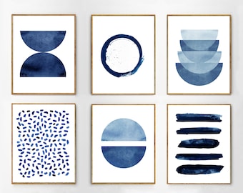 Abstrakte Aquarell Drucke Set von 6 Blaue Wandkunst Minimalistische Kunst Indigo Malerei Marine Streifen Punkte Pinselstriche Geometrische Kunst Wohnkultur
