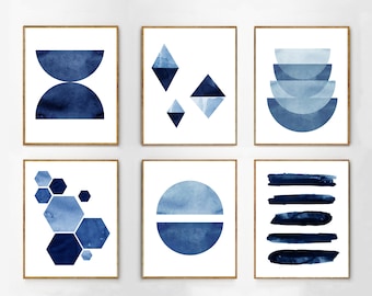 Abstrakte Aquarell Drucke Set Blaue Wandkunst Geometrische skandinavische Kunst Minimalist Indigo Blau Marine Küsten Dekor Streifen Kreise Hexagone