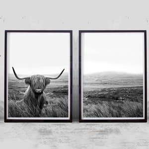 Highland Cow Print Set of 2 Prints Black and White Wall Art Farmhouse Decor Scottish Cow Print Shaggy Cow Print Minimalist Poster Animals
