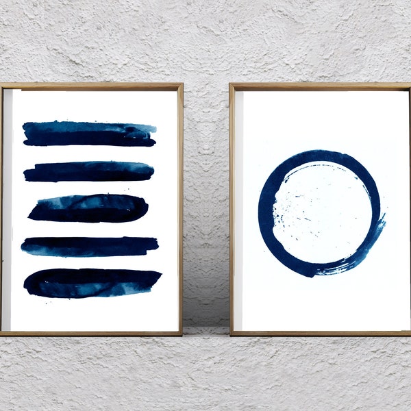 Blue Abstract Watercolor Prints Set of Two Indigo Navy Wall art Stripes Circle Minimalist Art Brushstrokes Scandinavian Posters Large Prints