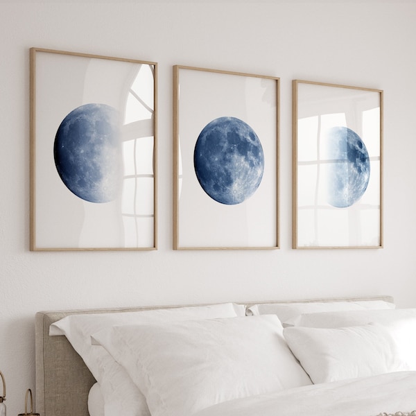 Blue Moon Phase Prints Set of 3 Lunar Phases Indigo Navy Blue Wall art Minimalist Posters Night Sky art Moon Prints Lunar Wall Art
