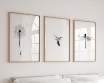 Scandinavian Print Set, Boho Botanical Print, Large Wall art, Black and White Print, Dandelion Bird Dragonfly