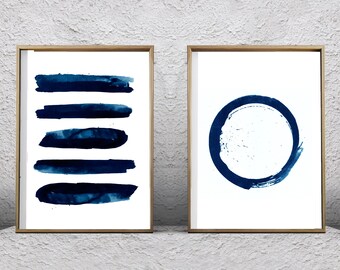 Blaue abstrakte Aquarell Drucke Set von zwei Indigo Marine Wand Kunst Streifen Kreis minimalistische Kunst Pinselstriche skandinavischen Poster große Drucke