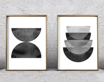 Black and White Abstract Watercolor Prints Set of Two Geometric Art Prints Minimalist Art Scandinavian Posters Large Prints Digital Download