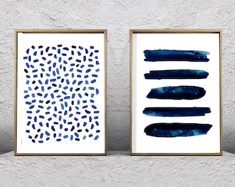 Set of Two Abstract Watercolor Prints Indigo Blue Art Navy Wall Art Stripes Dots Minimalist art Minimal Printable Scandinavian Poster Boho