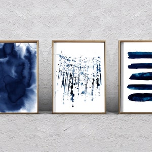 Abstract Watercolor Prints Set of 3 Indigo Blue Wall Art Navy Painting ...