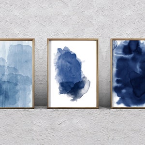 Set of 3 Blue Abstract Art Prints Watercolor Paintings Indigo Navy Home Decor Minimalist art Scandinavian Posters Coastal Style