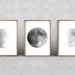 Moon Phase Art Prints Set of 3 Lunar Phases Black and White Wall art Minimalist Posters Night Sky Constellations Gray Wall art Moon Prints