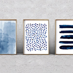 Abstrakcyjne wydruki akwarelowe Zestaw 3 obrazów Indygo Niebieski Granatowy Sztuka ścienna Kropki Paski Kreski Pociągnięcia pędzlem Pociągnięcia pędzlem Sztuka minimalistyczna Boho