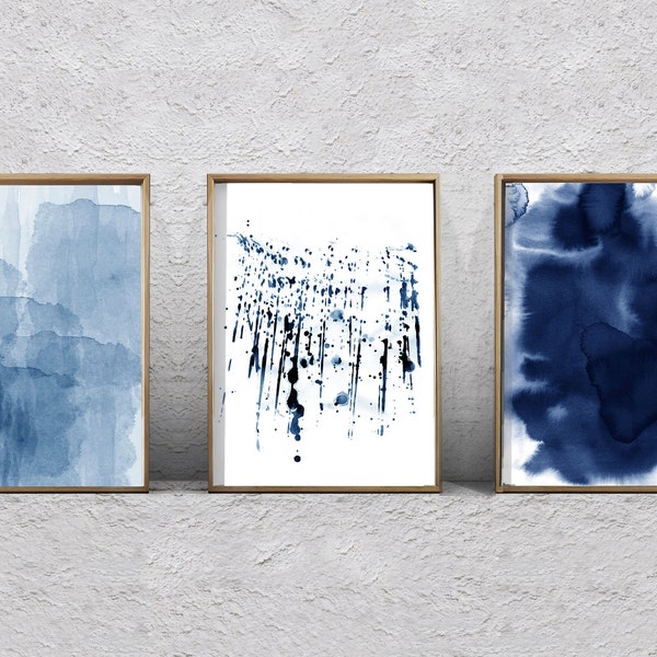 Abstract Watercolor Set Minimalist Art Navy Blue Wall Art Indigo Paint Splatter Brushstrokes Minimal Contemporary art Modern Printable Art