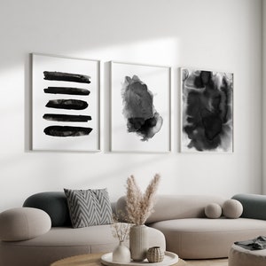 Black and White Prints set of 3 Wall Art Scandinavian Wall art Abstract Watercolor Paintings Minimalist Art Set