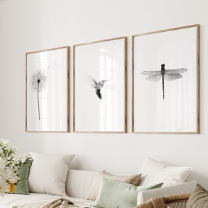 Set of 3 Prints Botanical Illustration Dandelion Hummingbird Dragonfly Minimalist Posters Printable Scandinavian Modern Art Nordic Nature