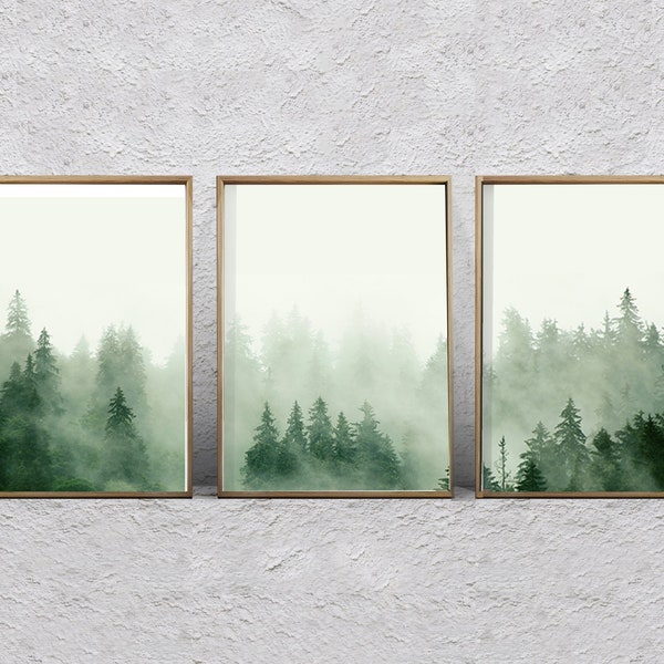 Foggy Forest Set of 3 Prints Trees Landscape Nature Photography Mountain Print Large Wall Art Scandinavian Decor Nordic Print Forest Poster