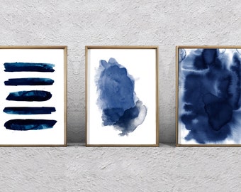 Abstract Watercolor Set of 3 Prints Blue Wall art Indigo Blue Navy Minimalist Art Stripes Brush Strokes Coastal Boho Decor Minimal Modern