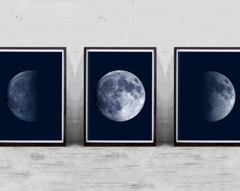 Moon Prints Set Lunar Phases Navy Wall art Coastal Decor Constellations Night Sky Luna Indigo Art Prints Minimalist art Printable Posters