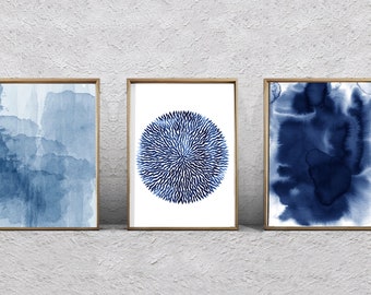 Abstract art prints Watercolor Set of 3 Indigo Blue Navy Wall art Splatter Minimalist art Scandinavian Art Nordic Prints Boho Home Decor