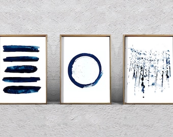 Abstrakte Aquarell Set minimalistische Kunst Marine blau Wand Kunst Indigo Farbe Splatter Kreis Streifen Pinselstriche minimale zeitgenössische Kunst Modern