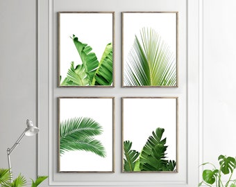 Set of 4 Tropical Leaves, Leaf Prints set, Green Wall art, Minimalist Posters, Palm Leaf Banana Leaf Tropical Wall art Nordic Nature Prints