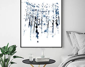 Blue Abstract Watercolor Painting Indigo Blue Navy Wall Art Paint Splatter Minimalist Poster Geometric Brushstrokes Large Abstract Print