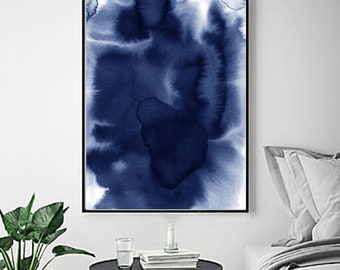 Blue Abstract Watercolor Print Indigo Blue Navy Wall Art Splatter Minimalist Art Painting Poster Nordic Scandinavian Minimal Large Abstract