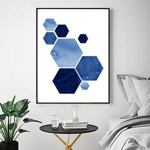 Blue Abstract Watercolor Print Geometric Art Hexagons Minimalist Painting Scandinavian Poster Large Blue Wall art Indigo Minimal Boho Decor