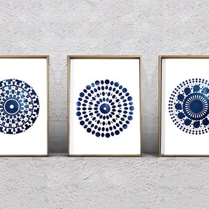 Set of 3 Mandala Prints, Printable Wall Art, Blue and White Decor, Abstract Watercolor Prints, Digital Download, Navy Wall Art