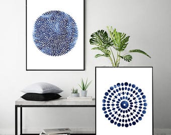 Abstract Art Prints Set Blue Watercolor Paintings Mandala Circle Prints Large Abstract art Indigo Blue Navy Minimalist Scandinavian Posters