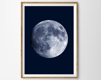 Navy Blue Moon Print, Blue White Home Decor, Night Sky, La Luna Printable Poster, Boho Home Decor, Minimalist art, Rustic Coastal Decor