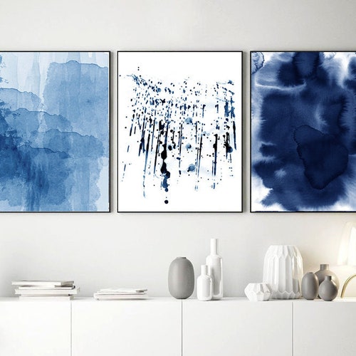 Large Wall Art Navy Blue Abstract Art Set of 3 Paintings Etsy