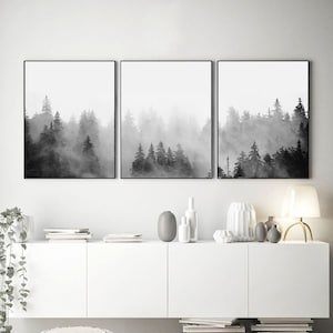 Black White Foggy Forest Print Set 3 Mountains Wall art Trees Nordic Minimalist art Scandinavian Posters Nature Photography