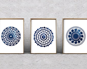 3er Set Mandala Prints, druckbare Wandkunst, blaues und weißes Dekor, abstrakte Aquarell Drucke, digitaler Download, marine Wandkunst