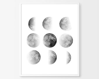 Moon Phase Print Minimalist Poster Black and White Wall Art Geometric Print Kids Decor Large Printable Poster Monochrome Night Sky Astronomy