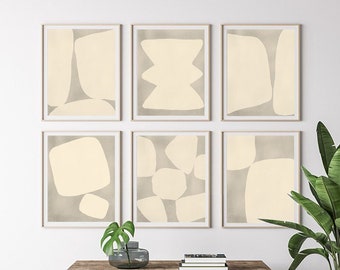 Neutral Prints Set Beige Organic Minimalist Art White Abstract Shapes Geometric Set of 6 Prints Gallery Wall Boho Home Decor Modern Art Set