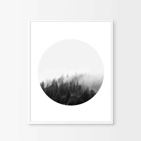 Forest print, Black White Forest Art Print, Minimalist art, Scandinavian Poster Nordic Nature Print Circle Affiche Trees Foggy Landscape