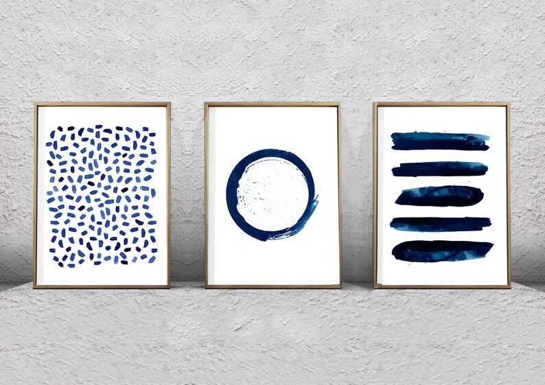 Navy Blue Wall Art Set of 3 Abstract Watercolor Prints Abstract ...