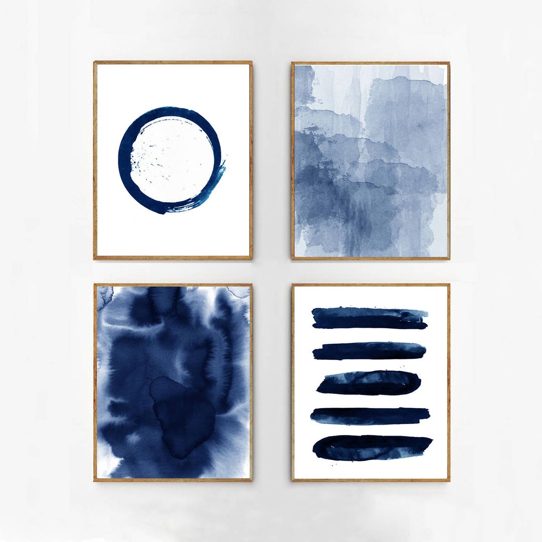 Abstract Watercolor Set Indigo Blue Wall Art Large Navy Prints ...