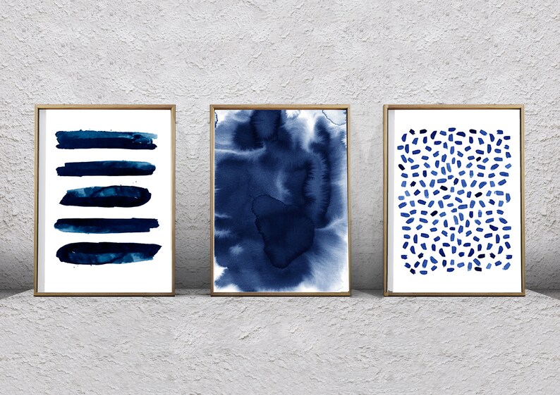 Large Wall Art Navy Blue Abstract Art Set of 3 Paintings | Etsy