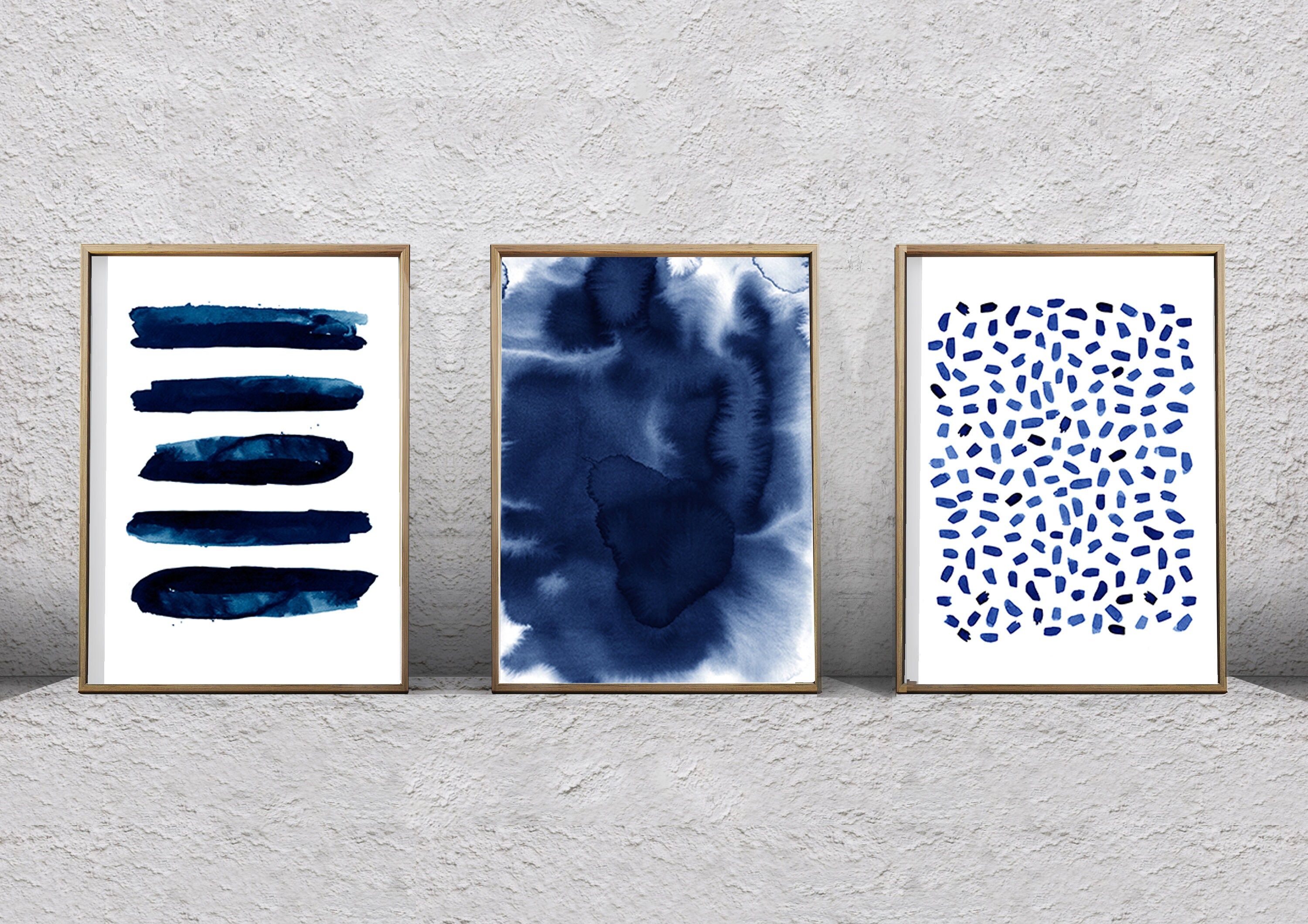 Large Wall Art Navy Blue Abstract Art Set of 3 Paintings Etsy
