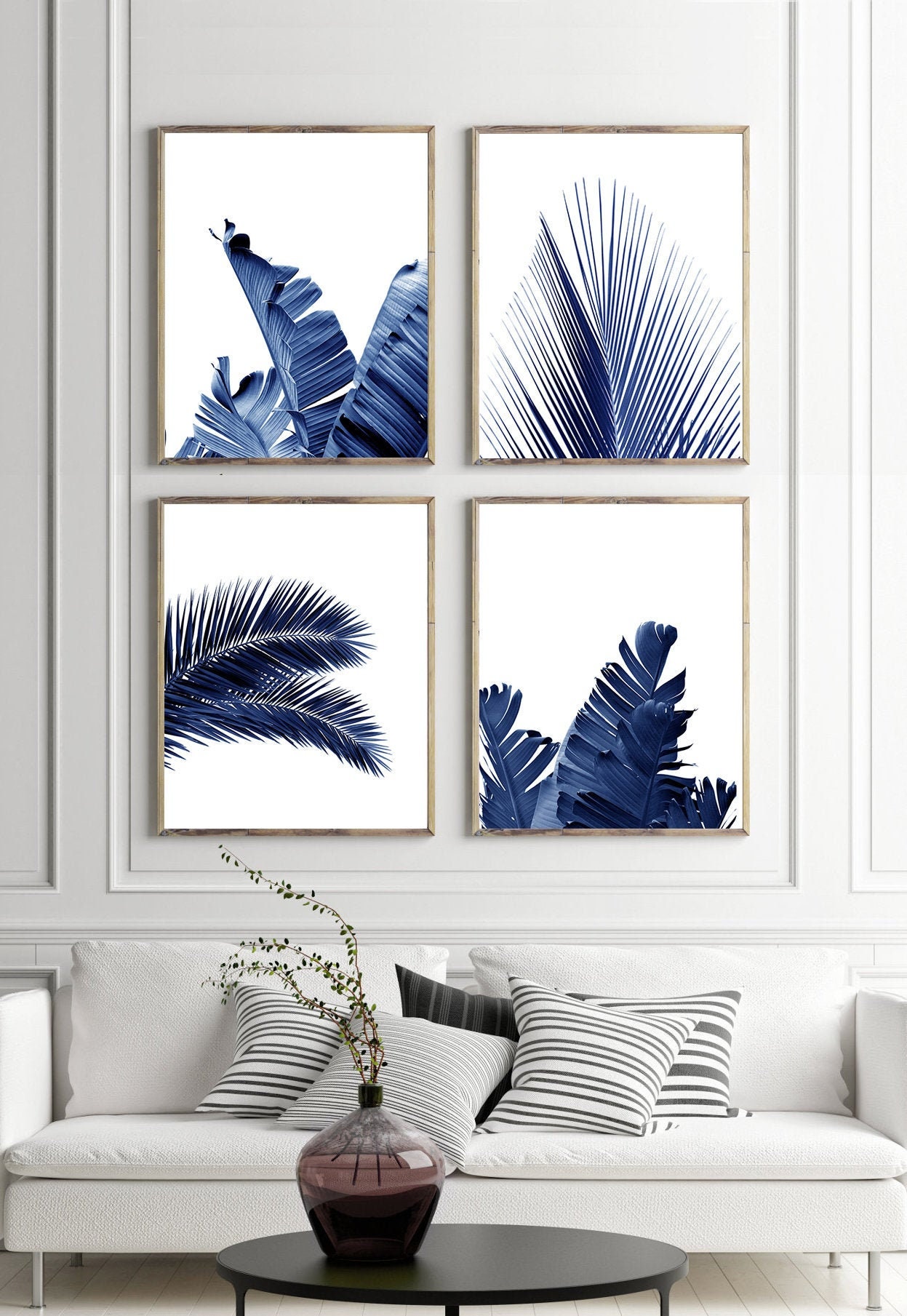 Blue Leaf Prints Set of 4 Indigo Blue Navy Wall Art Boho Home | Etsy