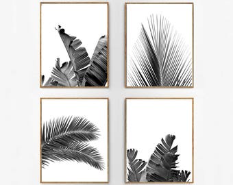 Black White Leaf Print Set of 4 Wall art Tropical Leaves Palm Banana Leaf Monstera Botanical Boho Decor Posters Plants Foliage Minimalist