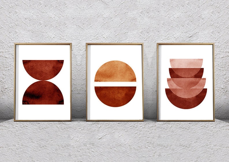 Burnt Orange Print Set Geometric Wall art Set of 3 Abstract Watercolor Paintings Boho Home Decor Minimalist art Circle Terracotta Paintings