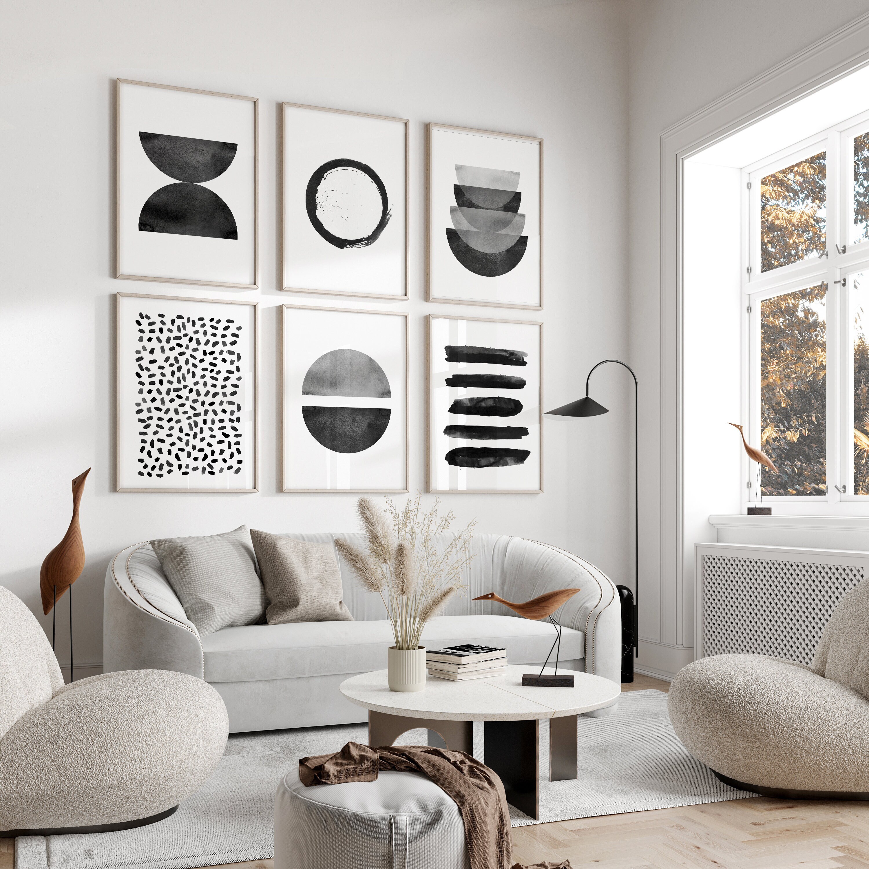 Abstract Watercolor Prints Set of 6 Black White Wall Art Minimalist ...