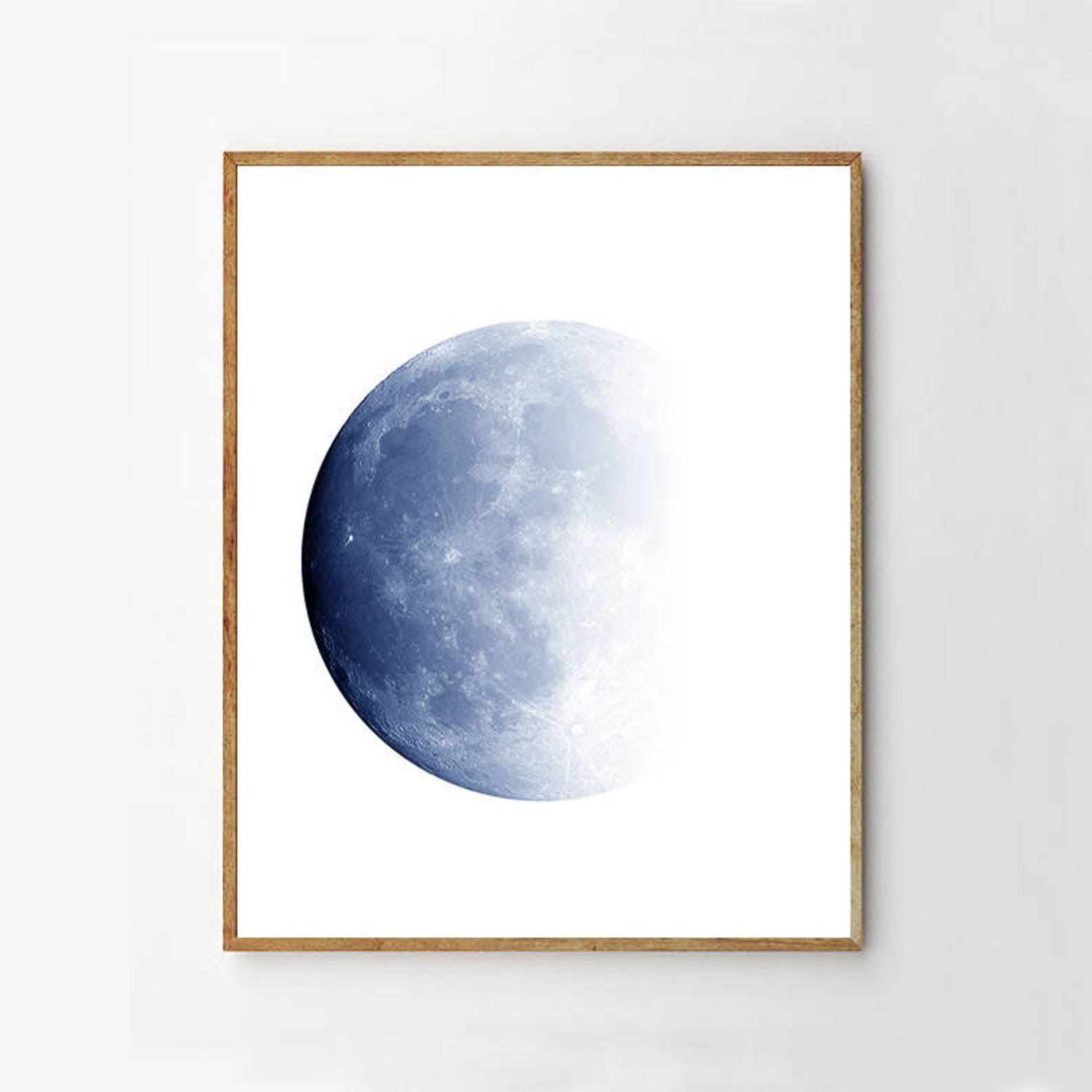 Moon Art Prints Set Blue Wall Art Moon Phases Lunar Posters Etsy