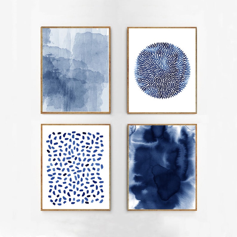 Abstract Watercolor Set Indigo Blue Wall art Large Navy Prints Minimalist art Minimal Contemporary Modern art Paint Splatter Stripes Beach 