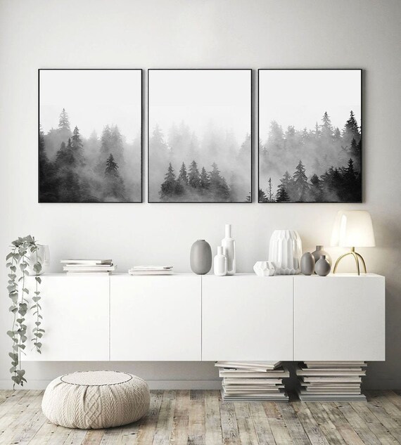 Black White Foggy Forest Print Set 3 Mountains Wall art Trees Nordic Minimalist art Scandinavian Posters Nature Photography