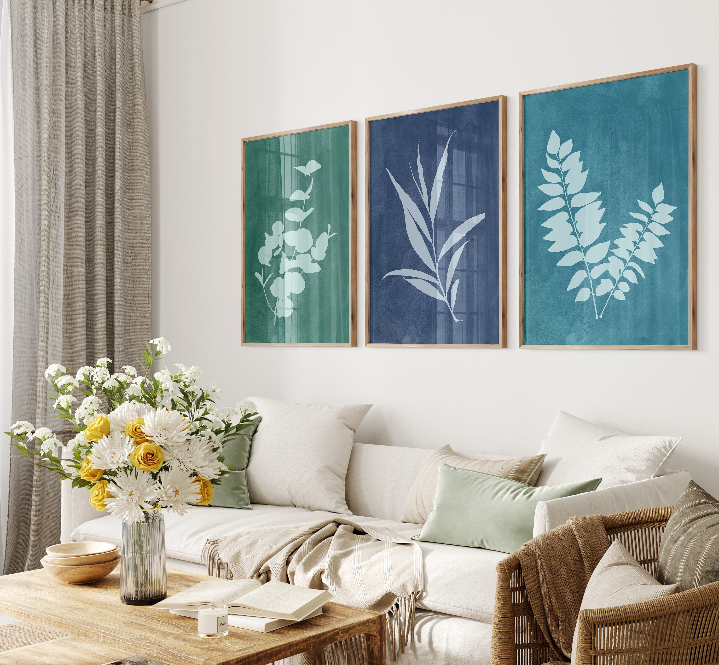 Botanical Prints Set Leaf Wall Art Minimalist Leaf Prints Blue Wall Art ...