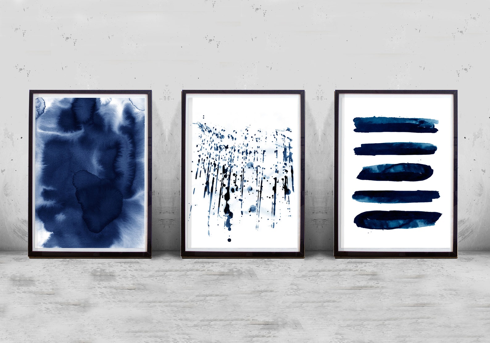 Abstract Watercolor Prints Set of 3 Indigo Blue Wall Art Navy Painting ...